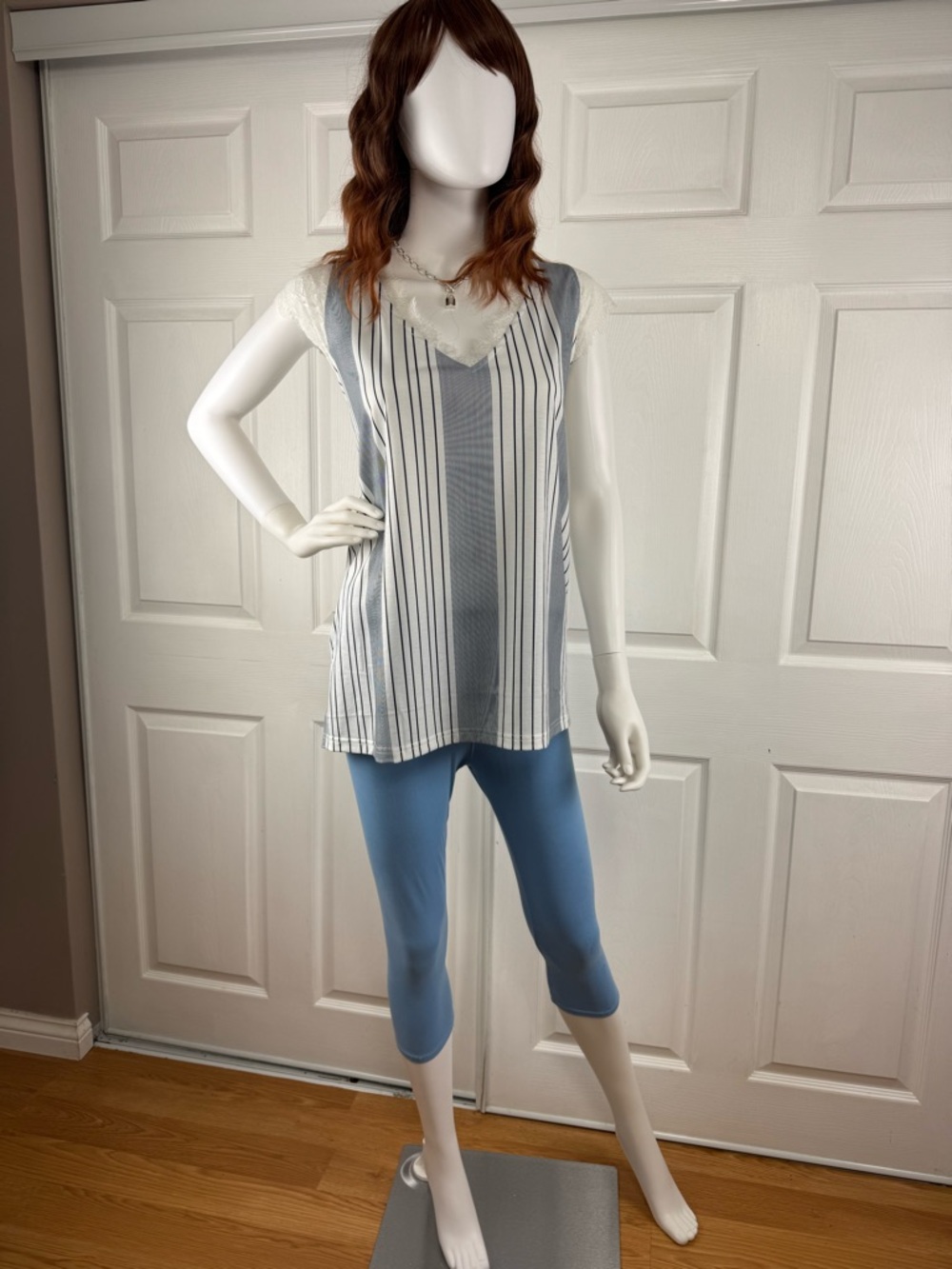Source Unknown White and Black Vertical Stripe Lace-Trim Tank